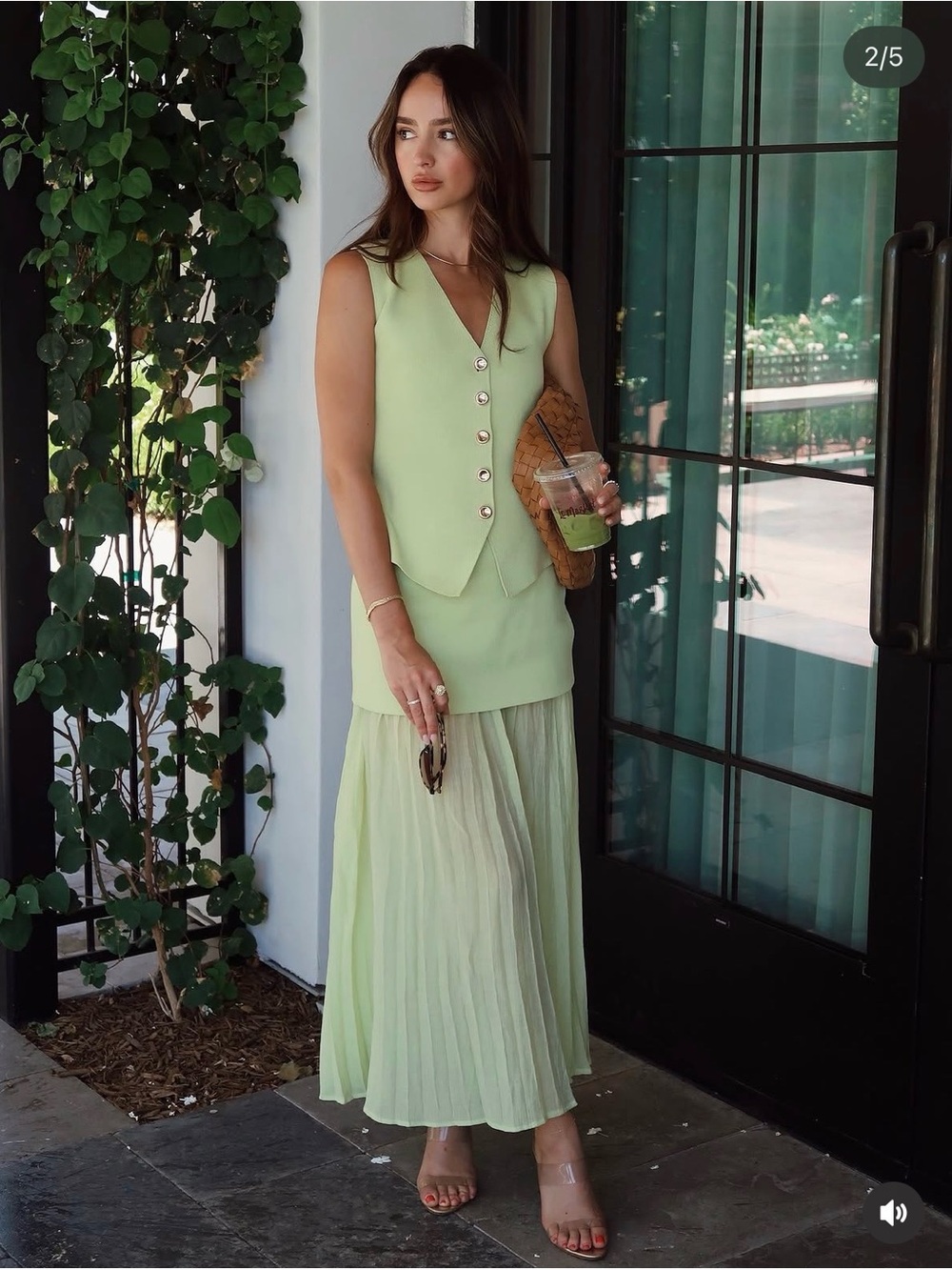 Zara Sleeveless V-Neck Vest & Pleated Maxi Skirt Set — Light Green